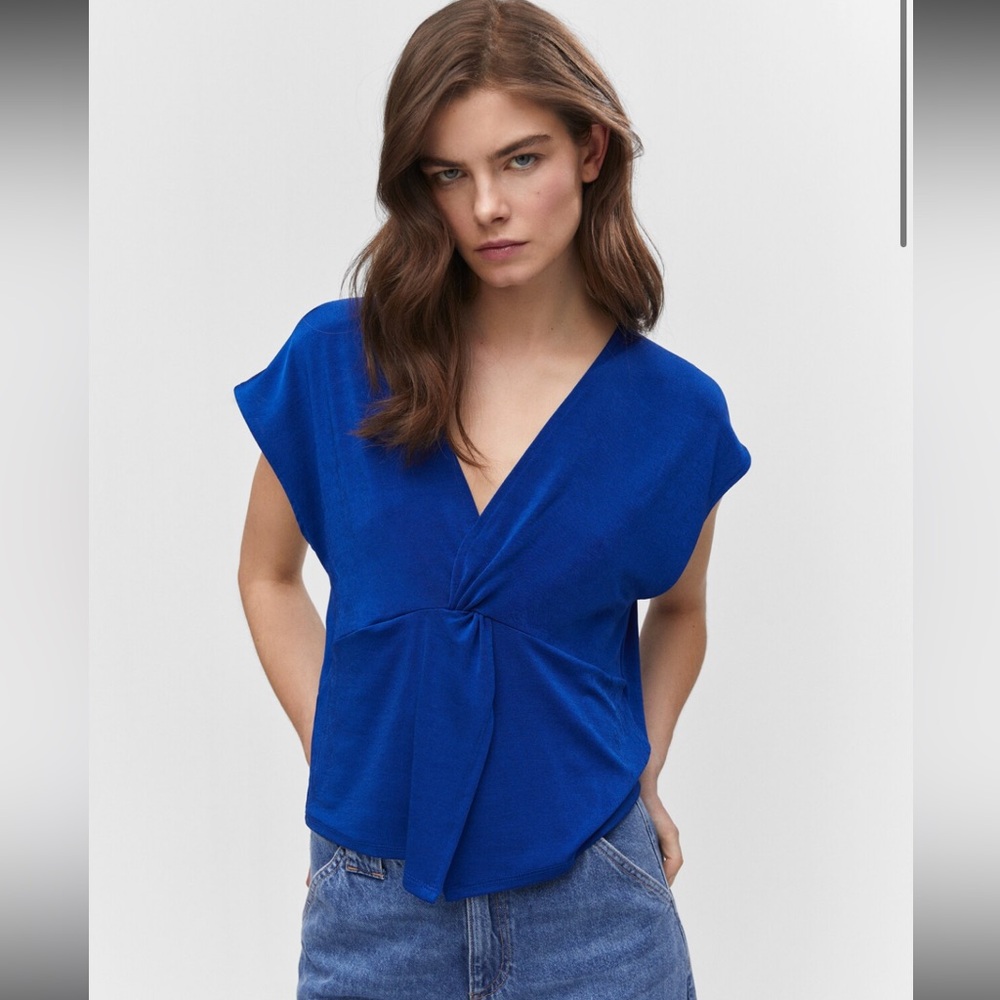 MANGO V-Neck Knot Detail Blouse - Blue - Bought in Italy NWOT